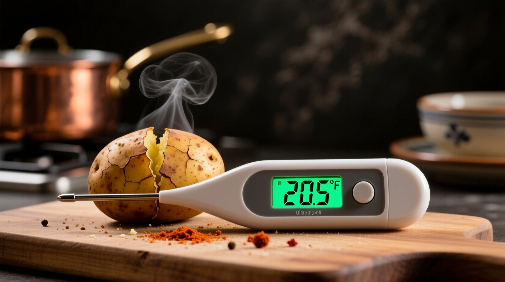 Digital thermometer showing 205 degrees in baked potato