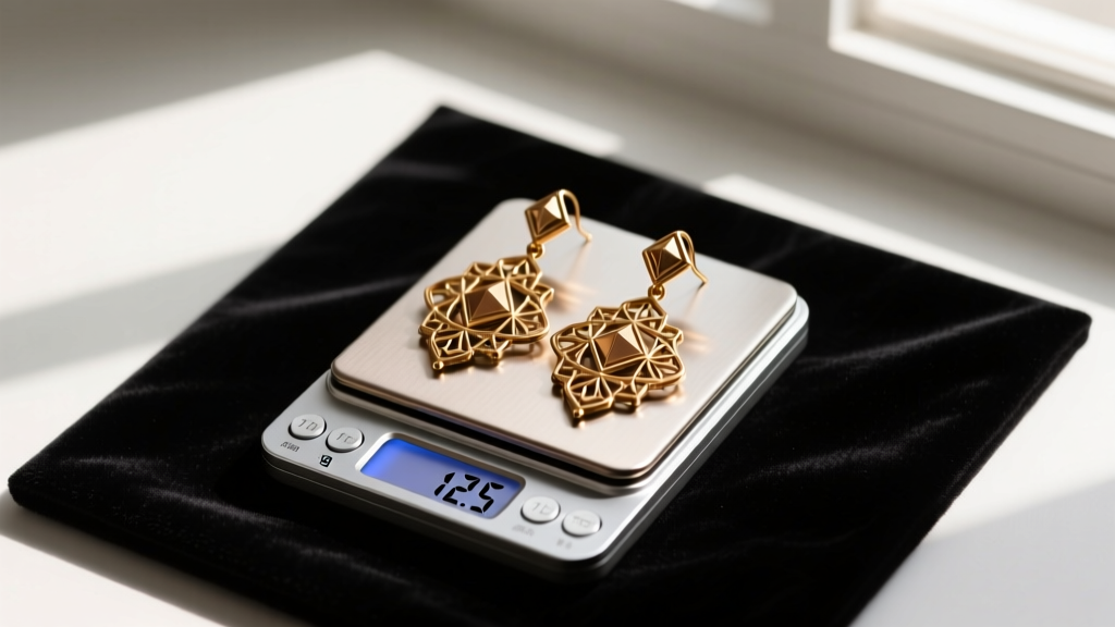 Digital jewelry scale displaying 12.5 grams, with a pair of heavy brass chandelier earrings resting beside it on a black velvet mat