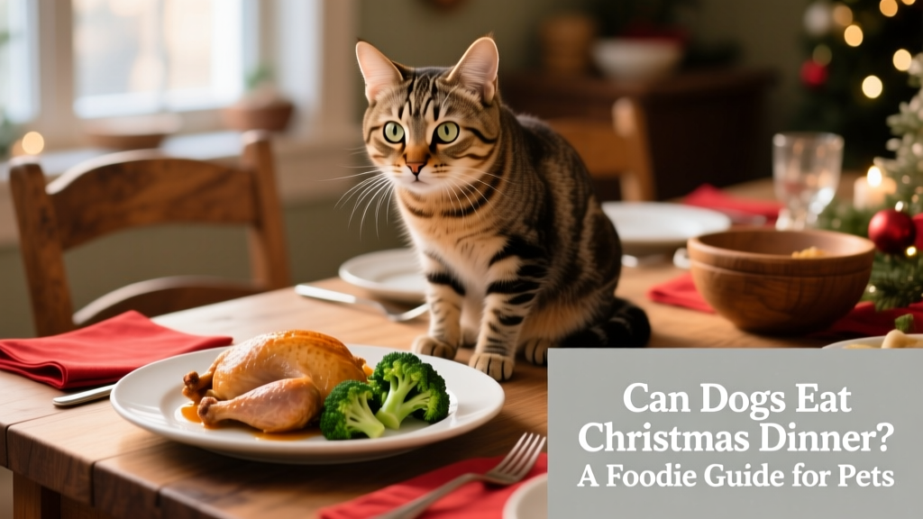A curious cat perched beside a festive table, observing plain cooked turkey and steamed broccoli—no sauces, herbs, or dairy nearby