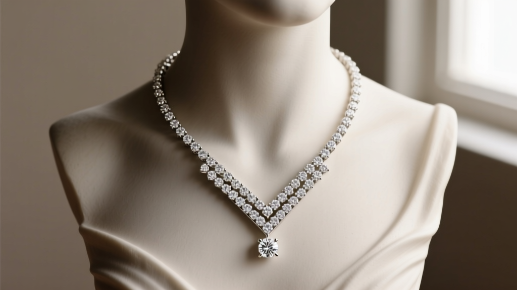 Close-up of a 14k white gold diamond V necklace on a bust, showing a paved chevron pendant with round diamonds in soft light.