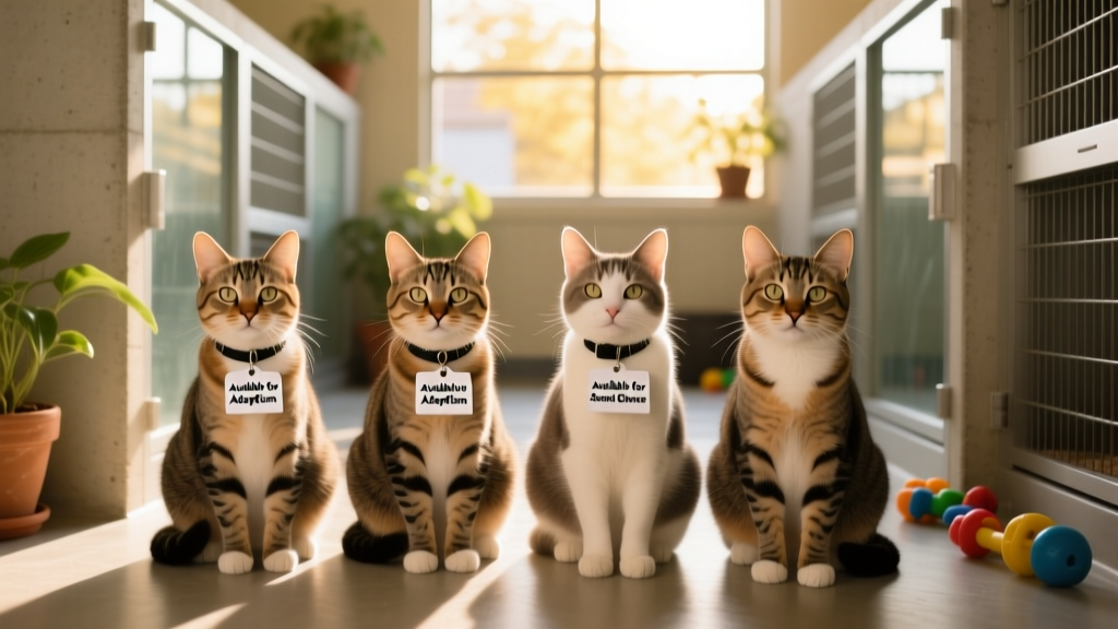 Four friendly cats sitting side by side in clean, sunlit shelter enclosures, each wearing a small 'Available for Adoption' tag