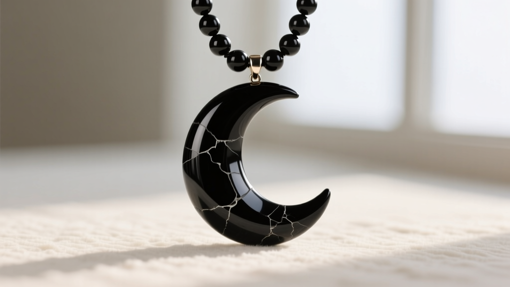 Raw unpolished black obsidian carved into a crescent moon pendant hanging from a delicate black onyx bead witchcraft necklace.