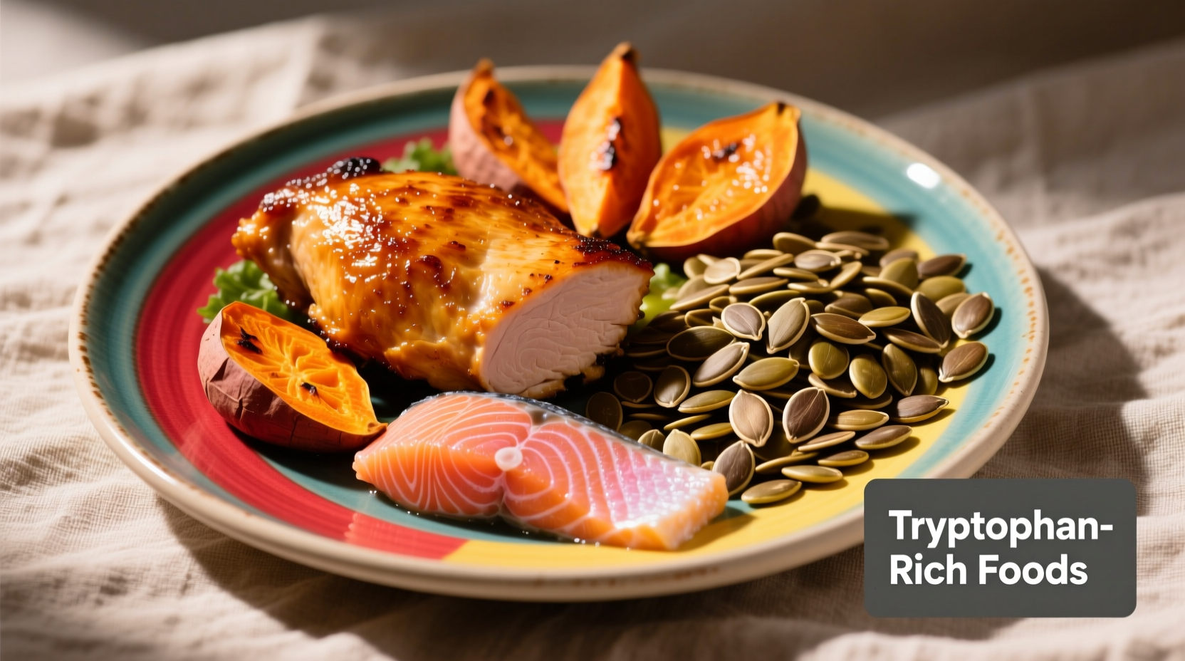 Colorful plate of tryptophan-rich foods including turkey, pumpkin seeds, and salmon