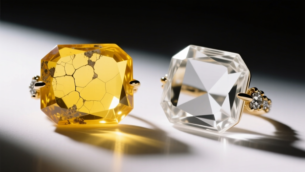 Close-up comparing yellowed vintage resin to clear lucite used in 1990s costume jewelry, illuminated by angled studio lighting