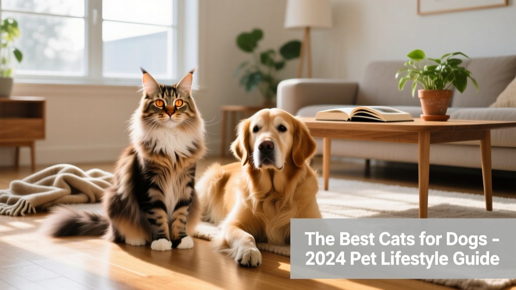 A Maine Coon cat sitting calmly beside a golden retriever on a sunlit living room floor