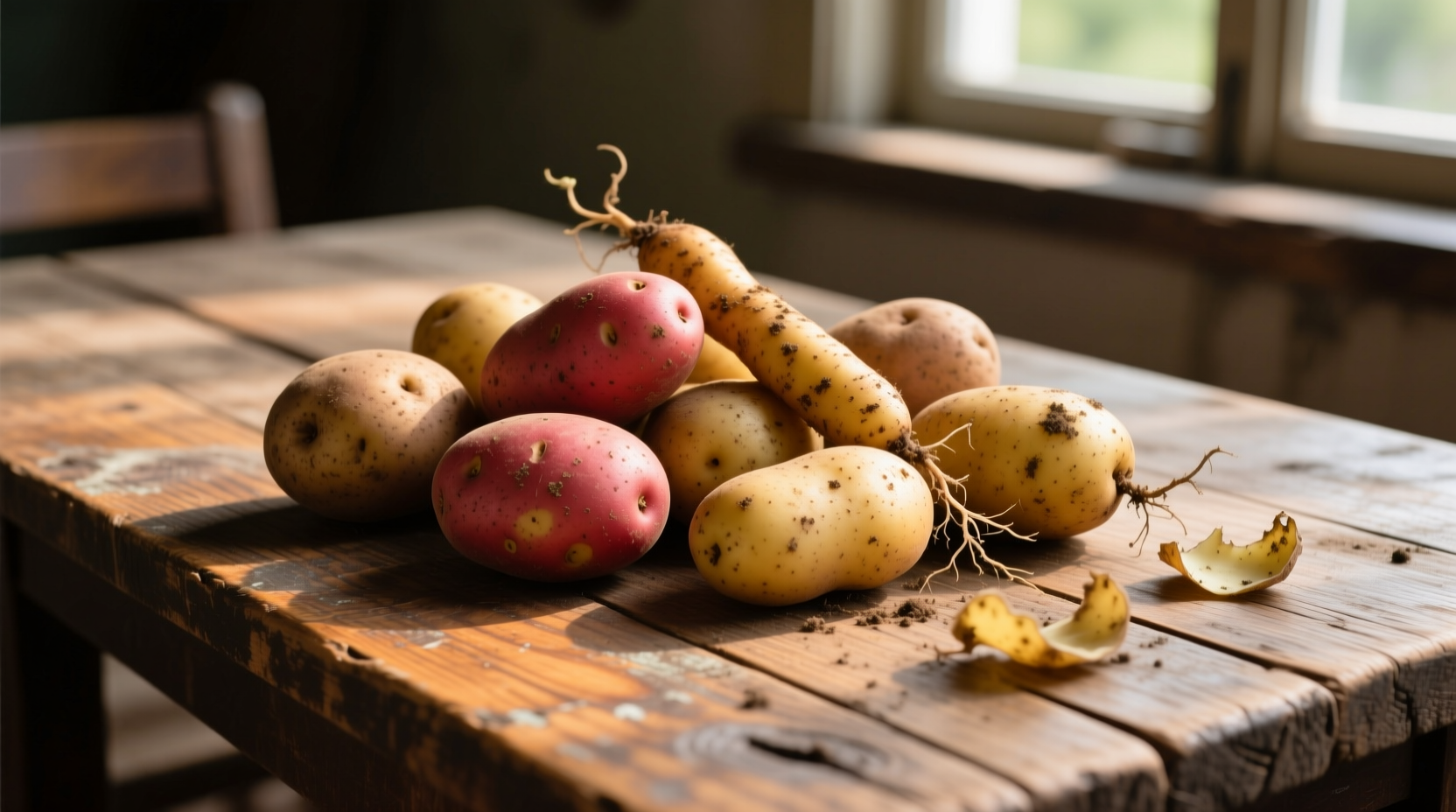 Fresh potatoes on wooden table