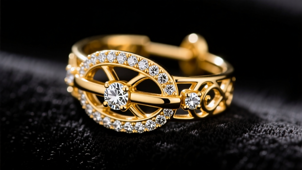 Macro shot of an 18k yellow gold earring featuring a decorative diamond-encrusted la pousette clasp resting on dark velvet fabric