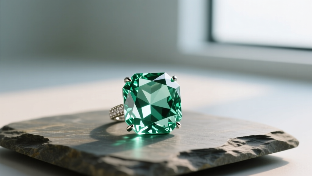 Emerald cut clear crystal pendant on slate, showing precise step-cut facets and table clarity under soft lighting