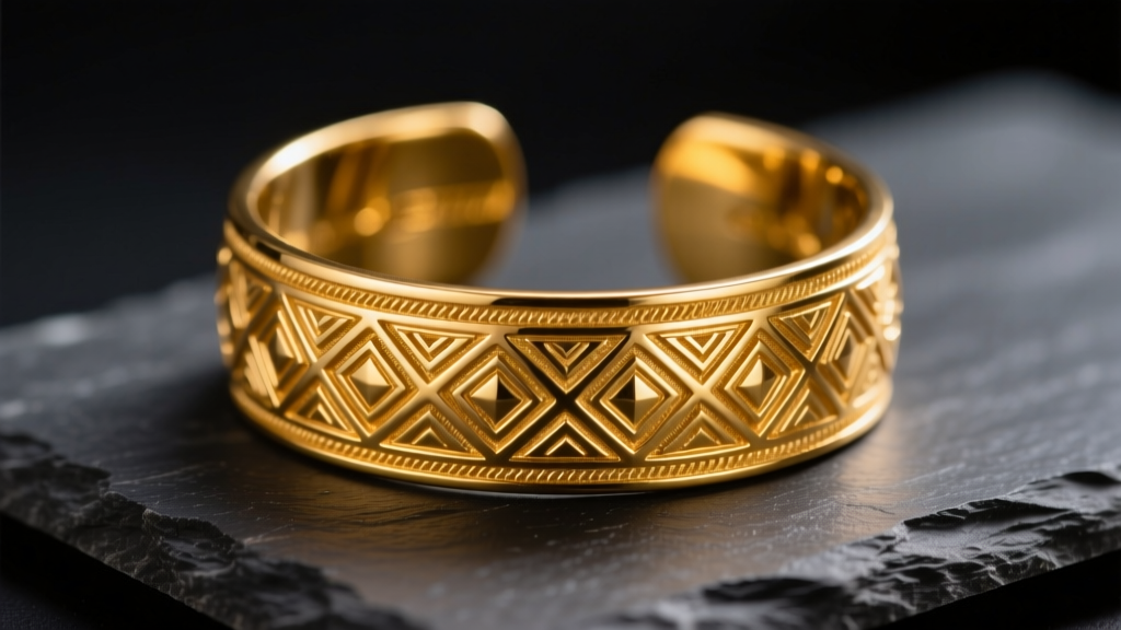 Macro shot of a handcrafted 22-karat Ashanti gold cuff with geometric repousse patterns on dark slate under warm lighting