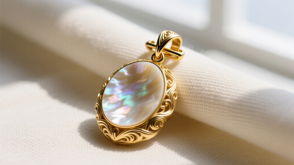 Close-up of a 14k gold-filled toggle clasp securing a heavy mother-of-pearl carved shell pendant against a soft linen fabric.