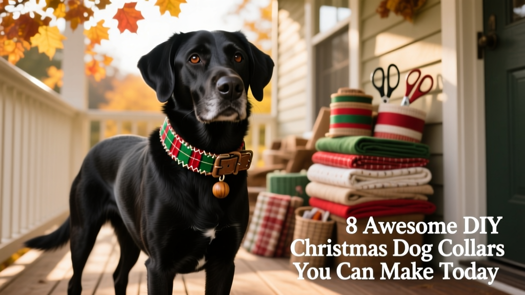 Black dog wearing a green and red collar