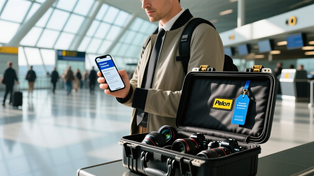 Traveler at a busy airport terminal reviewing a gadget travel insurance policy on a smartphone next to an open Pelican camera case