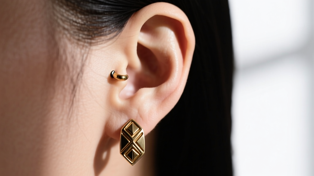 Side profile of an earlobe wearing a heavy 6-gauge brass drop earring, showing slight downward stretching of the piercing fistula.