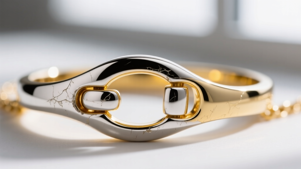 Macro shot of 18K white gold wedding necklace clasp showing rhodium wear to reveal the warm yellow gold alloy beneath the surface.