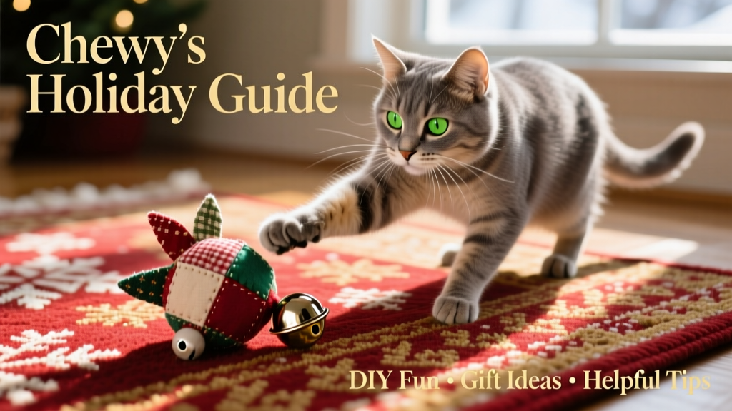 A cat batting at a handmade jingle bell toy made from fabric scraps and a small bell, lying on a holiday-themed rug
