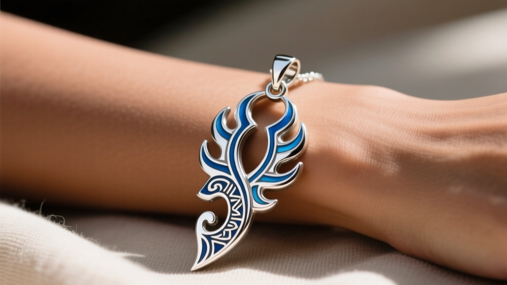 Close-up of a sterling silver pendant shaped like a Polynesian fire knife with subtle blue enamel accents on a model's collarbone