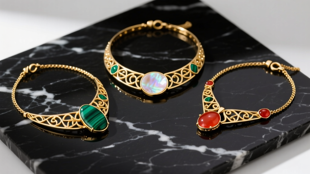 Overhead flat lay of three VCA gold necklaces with malachite, mother of pearl, and carnelian inlays on a dark marble surface.
