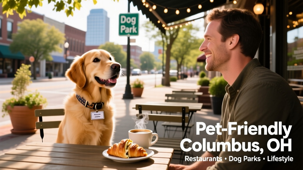 A happy dog sitting beside its owner at a sunny outdoor café table in Columbus