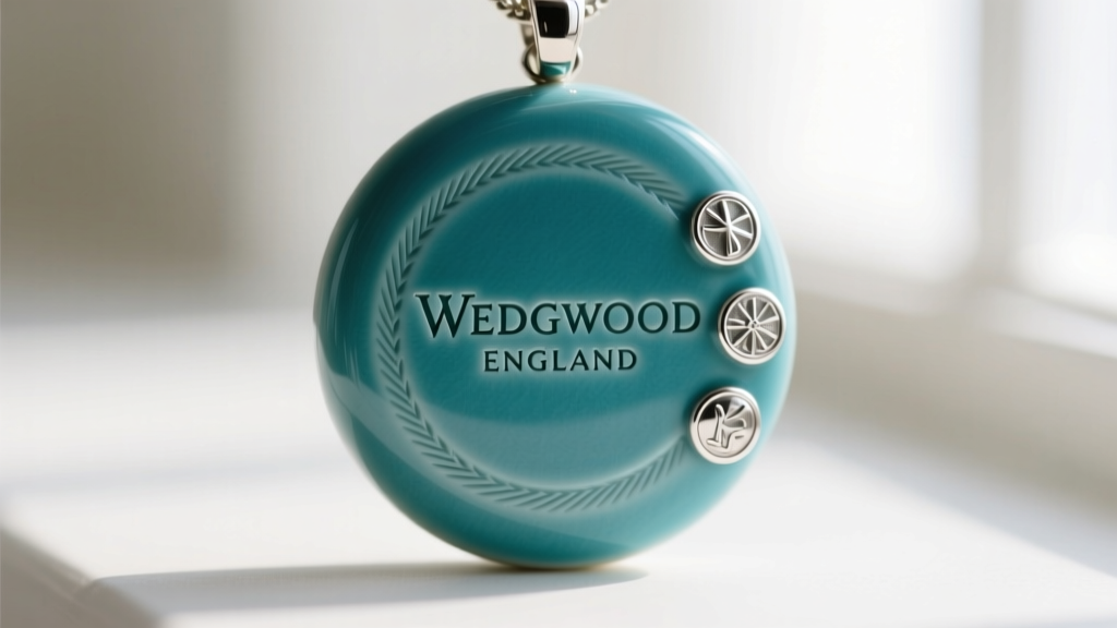 Macro shot of a Wedgwood Jasperware pendant back showing the impressed WEDGWOOD ENGLAND maker mark and silver hallmarks