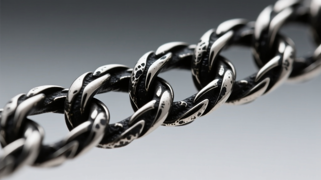 Macro shot of oxidized sterling silver Figaro chain links, showing dark liver of sulfur patina trapped inside the metal crevices.