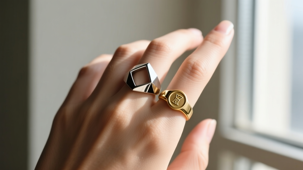 Hand wearing a modern geometric halo ring on the index finger paired with a minimalist gold signet ring in natural window light.