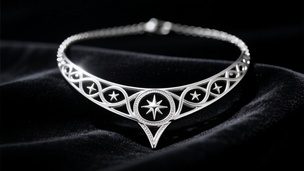 Silver Evenstar necklace from LOTR resting on dark velvet, cinematic lighting highlighting the intricate filigree details.
