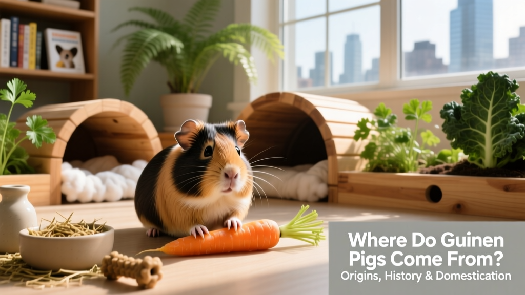 Modern guinea pig enjoying fresh vegetables in a spacious, enriched habitat with tunnels and hiding spots