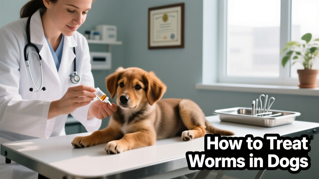 Veterinarian gently administering liquid dewormer to a calm puppy during a clinic visit