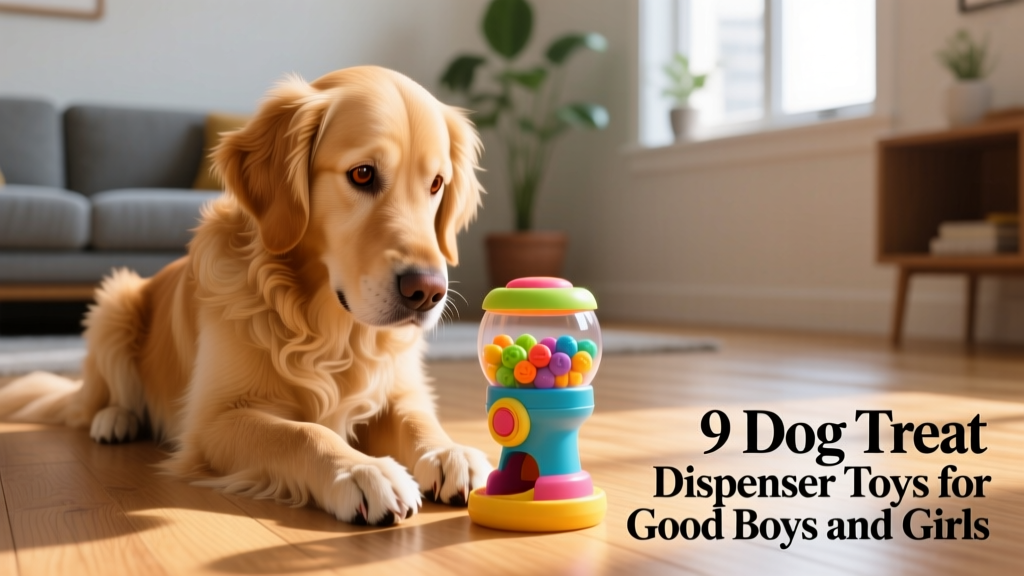 A dog focused intently on a treat dispenser toy, pawing and nudging it on a sunlit hardwood floor