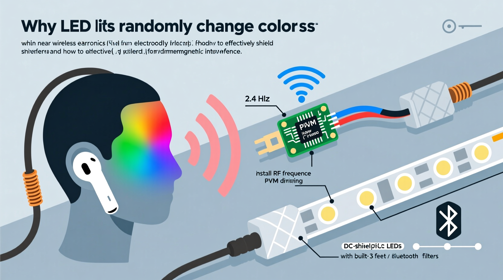 why do my led lights change color randomly when near my wireless earbuds and how to shield them