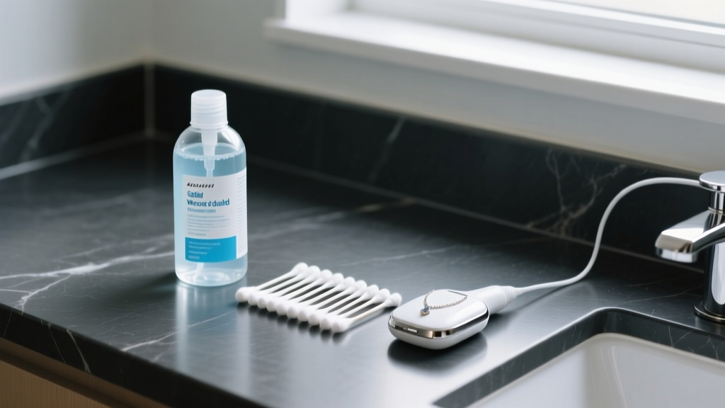 Flat lay of sterile saline wound wash, cotton swabs, and a small ultrasonic jewelry cleaner on a dark slate bathroom counter
