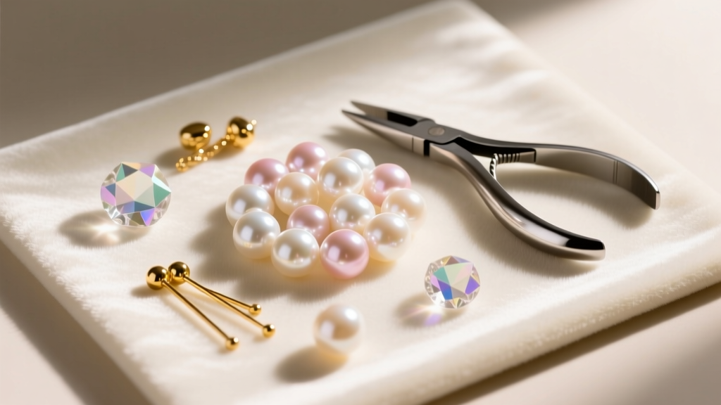 Flat lay of a velvet mat with loose freshwater pearls, crystal beads, gold headpins, and jewelry pliers under warm studio lighting