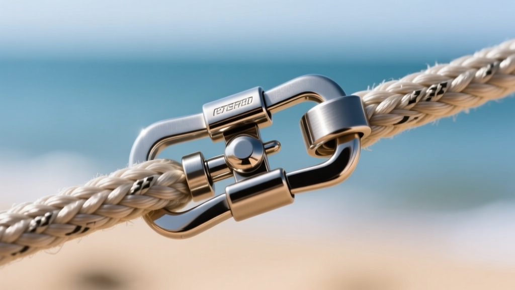 Extreme close-up of a titanium lobster clasp on a synthetic sea-resistant cord, showing secure hardware on a coastal jewelry piece