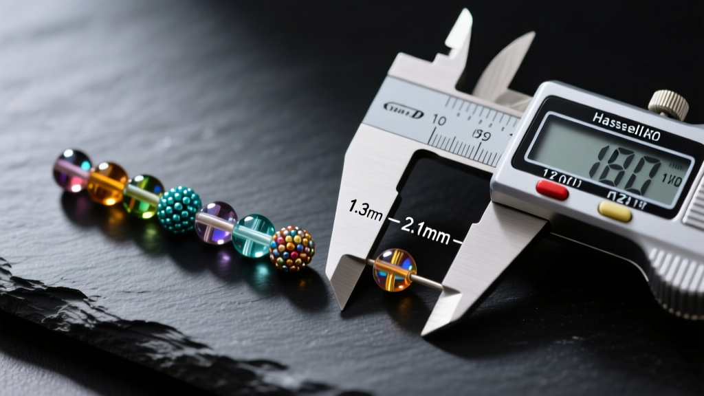 Close-up of 15/0 and 11/0 glass seed beads next to a digital caliper measuring 1.3mm and 2.1mm diameters on dark slate.