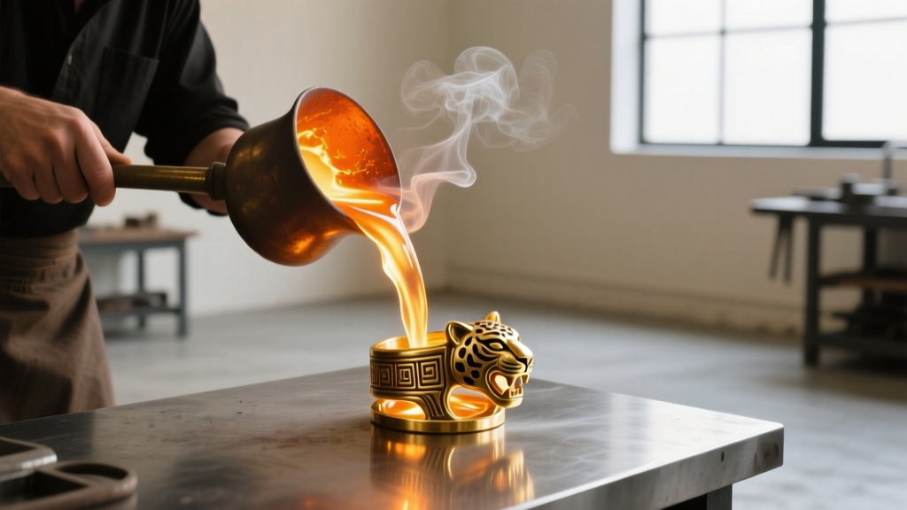 Jeweler pouring molten 18k gold into a casting flask for an Aztec jaguar ring, showing a bright orange glow and light smoke.