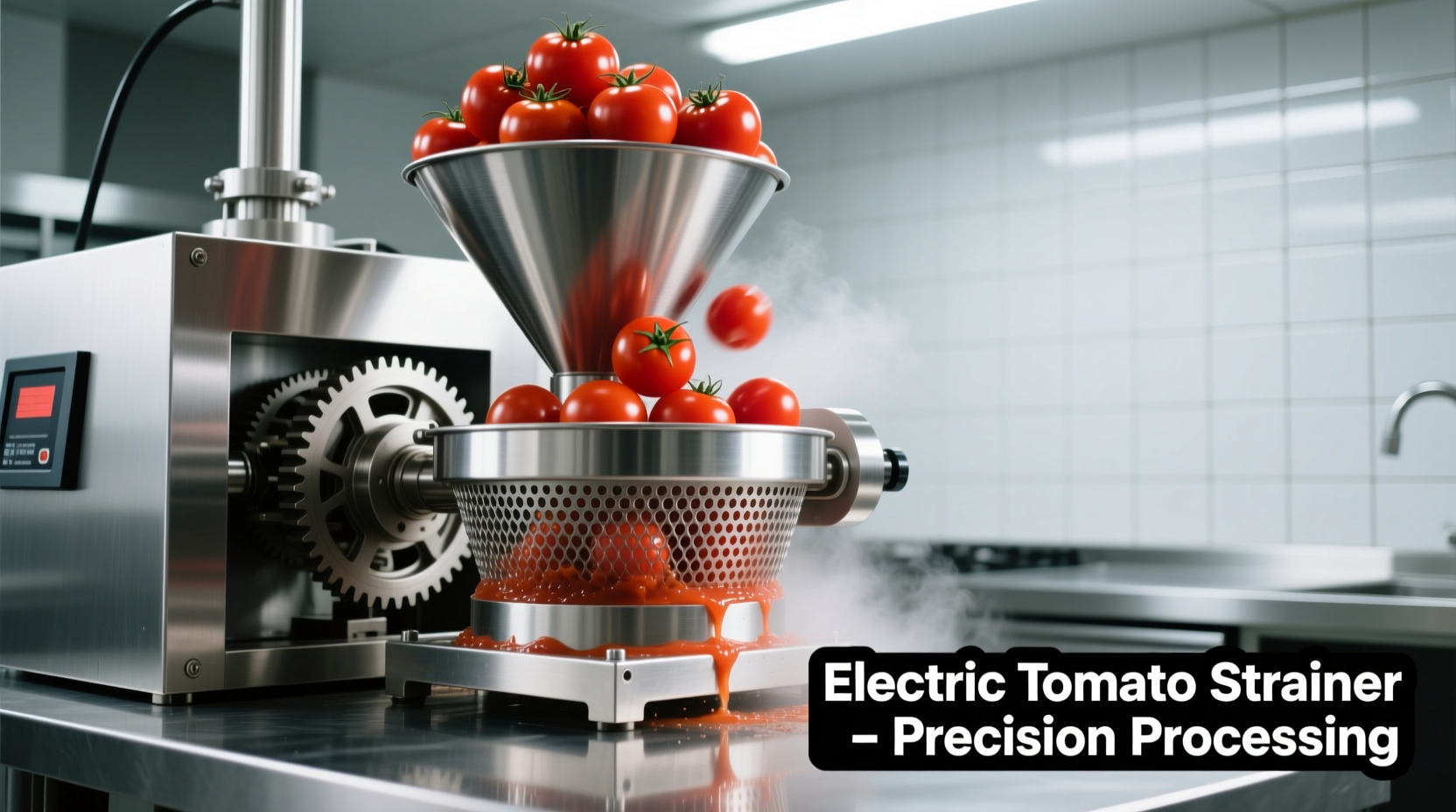 Electric tomato strainer processing ripe Roma tomatoes