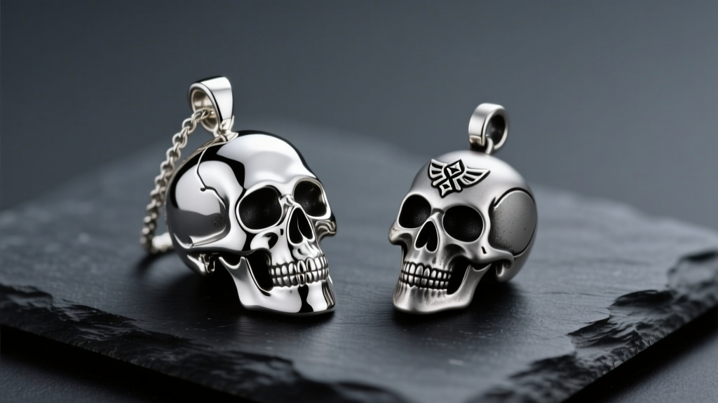 Macro shot of a polished silver skull pendant next to a matte pewter Zelda skull charm on dark slate under bright studio lighting.