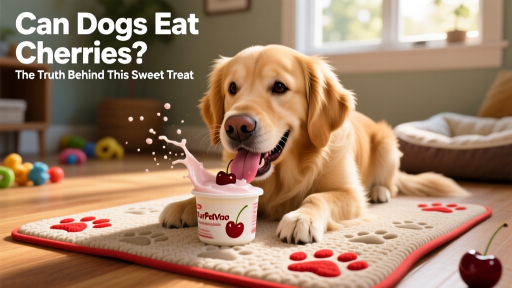 Dog happily licking cherry-infused yogurt off a textured FurPetVo lick mat
