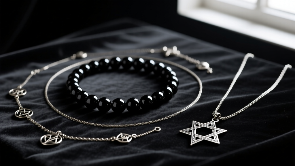 Flat lay of layered occult necklaces featuring a black onyx bead choker and a long steel sigil pendant on dark velvet fabric.