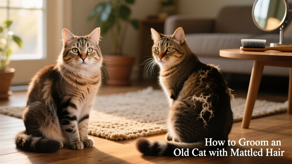 Side-by-side comparison showing a well-groomed senior cat with a shiny, tangle-free coat next to a cat with mild matting around the hindquarters