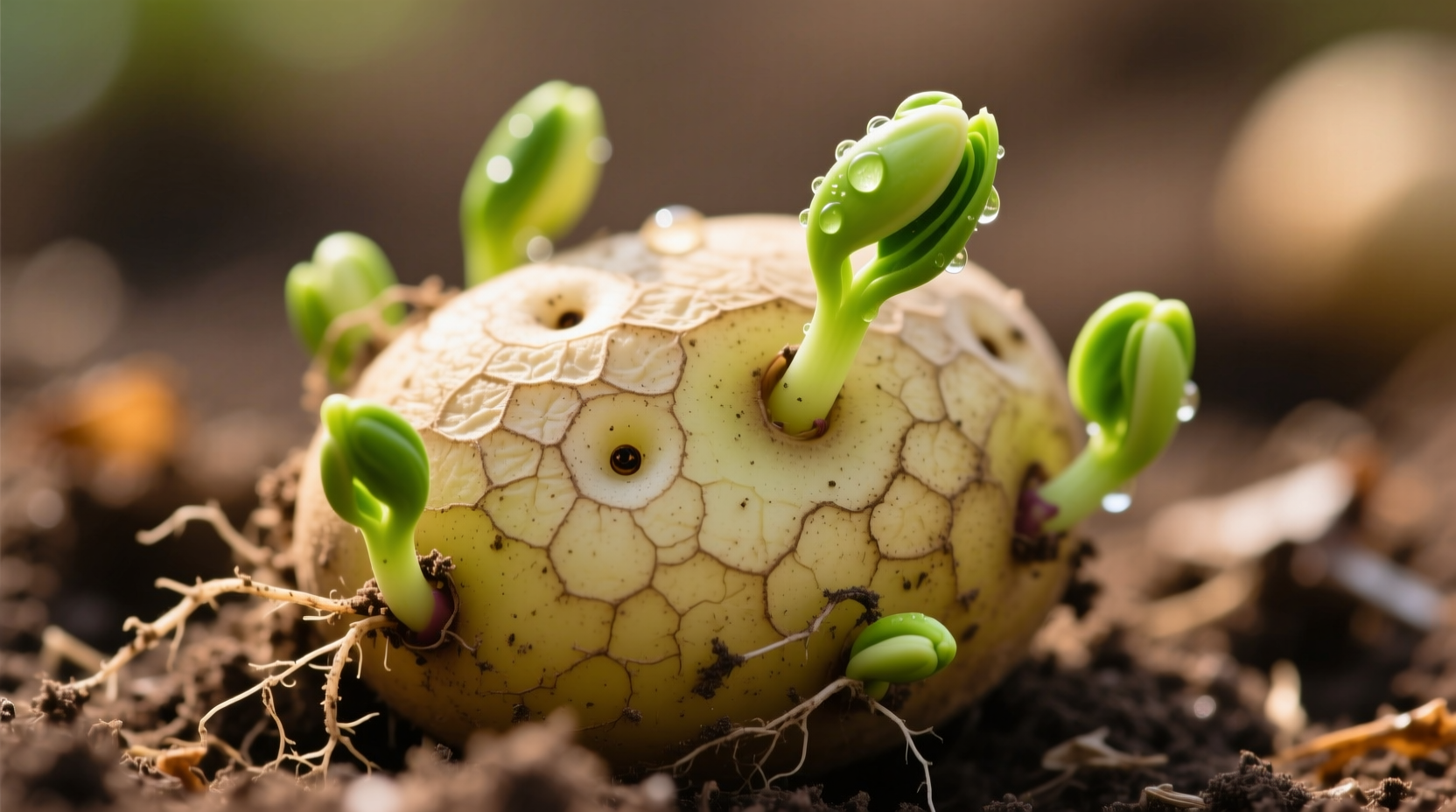 Close-up of sprouted potato with visible green areas