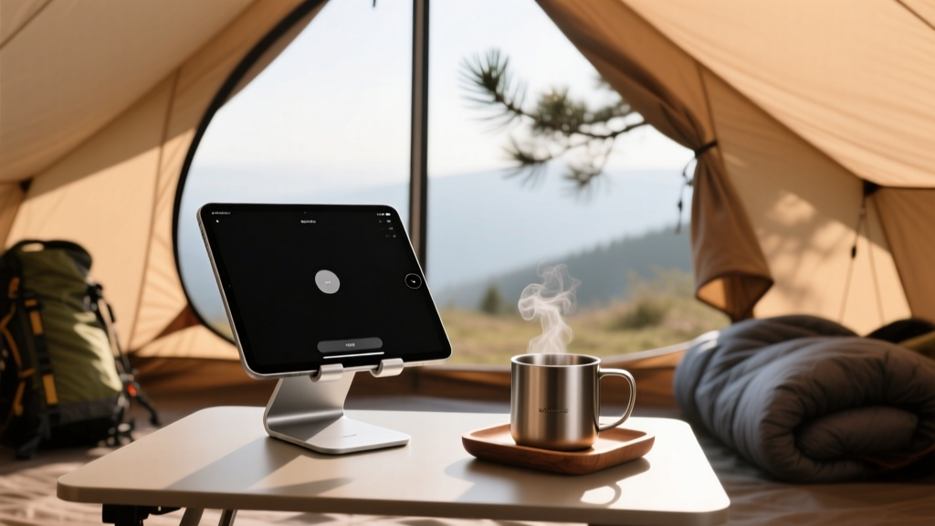 A minimalist camping setup inside a canvas tent, featuring an iPad Pro resting on an ultra-thin magnetic stand next to a titanium coffee mug.