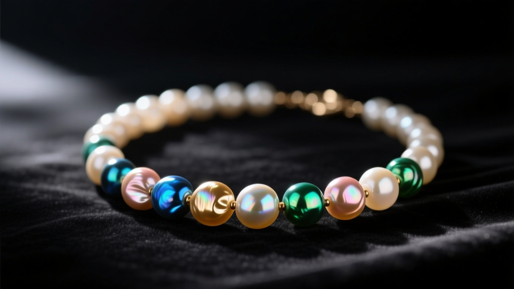 Close-up of a vintage mother of pearl bead necklace resting on dark velvet, soft lighting highlighting the iridescent nacre.