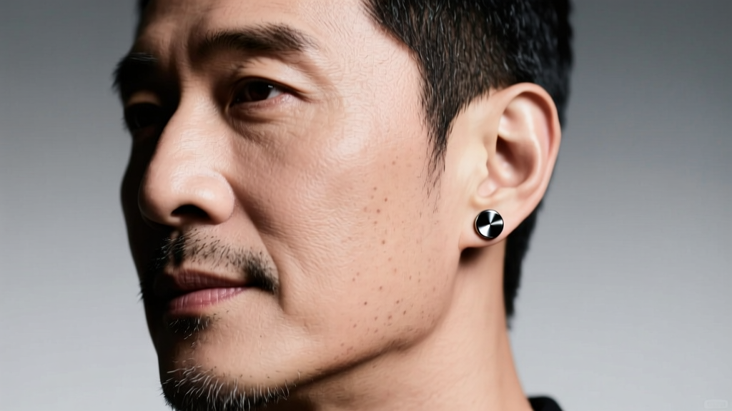 Portrait of a man with a sharp jawline wearing a single black titanium flat-back stud in his right ear under soft studio lighting.