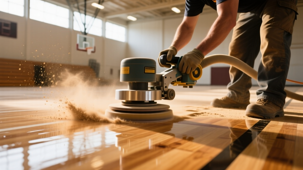 Close-up of installers sanding and sealing a premium northern hard maple gymnasium floor with specialized floor finishing equipment