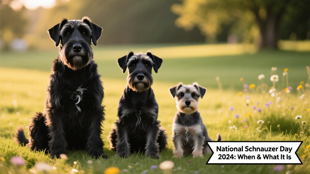 Three Schnauzers of different sizes—Giant, Standard, and Miniature—sitting side-by-side on grass