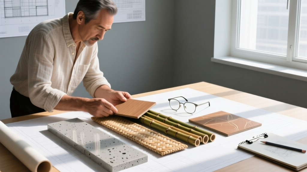 Architect reviewing material samples of polished concrete, strand-woven bamboo, and natural linoleum on a sunlit drafting table
