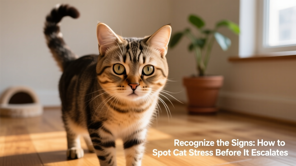 A cat displaying classic stress signals: flattened ears, dilated pupils, and puffed tail