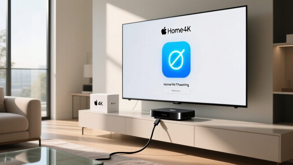Apple TV 4K box connected via HDMI to a smart TV displaying the HomeKit accessory pairing interface with a Thread icon