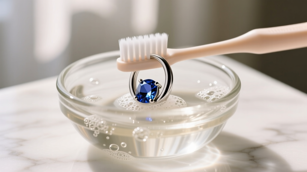 Soft baby toothbrush gently scrubbing a silver tanzanite hoop earring submerged in a small glass bowl of warm soapy water.